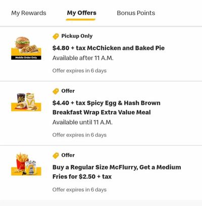McDonalds: YMMV $4.80 McChicken+pie, $4.40 spicy egg hash brown wrap EVM YMMV