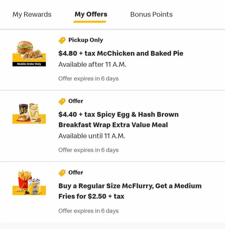 McDonalds: YMMV $4.80 McChicken+pie, $4.40 spicy egg hash brown wrap EVM YMMV