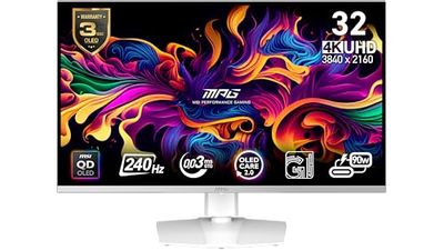 MSI MPG 321URXW QD-OLED 32-inch 3840 x 2160 (UHD) Computer Monitor, 240Hz, Adaptive-Synch, HDMI, DP Port, VESA Mountable, Tilt, Speaker, 0.03ms, White