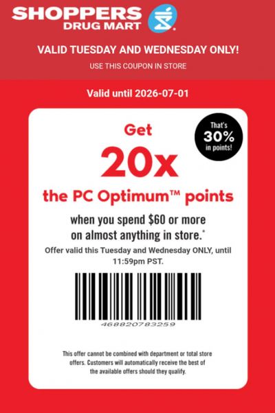 Shoppers Drug Mart Canada Text Offer: 20x The PC Optimum Points When You Spend $60 June 30th & July 1st