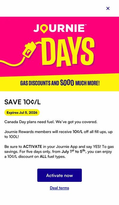 Journie 10c per Litre Discount for Canada Day (July 1-5)
