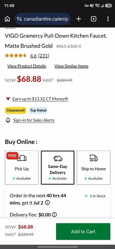 Canadian Tire: $68.88 VIGO Gramercy Pull-Down Kitchen Faucet, Matte Brushed Gold