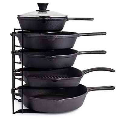Heavy Duty Pan Organizer, 5 Tier Rack - Holds up to 50 LB - For Cast Iron Skillets, Griddles, Pots - Durable Steel Construction - Space Saving Kitchen Storage - No Assembly Required - Black 12.2-Inch