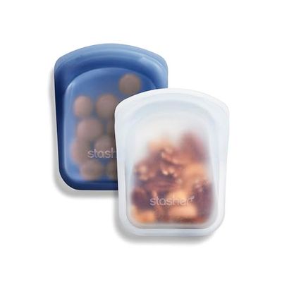 Stasher Silicone Reusable Storage Bag, Pocket Bags 2-Pack, Microwave, Dishwasher, Oven Safe, Sous Vide, Eco Friendly, Leak-free, Food-safe Silicone Snack Bags for Travel, 237 ml, Clear & Deep Ocean