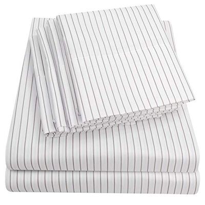 Size Bed Sheets - 6 Piece 1500 Thread Count Fine Brushed Microfiber Deep Pocket Sheet Set Bedding - 2 Extra Pillow Cases, Great Value, Full, Pinstripe White
