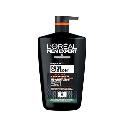 L'Oréal Paris Men Expert Pure Carbon XXXL Shower Gel, Men's Charcoal Body Wash for Body, Face, Hair & Beard, Purifying & Fresh Feeling Effect, 1 Litre