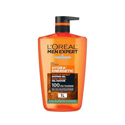 L'Oréal Paris Men Expert Hydra Energetic XXXL Shower Gel, Men's Taurine Body Wash for Body, Face, Hair & Beard, Energizing & Wake Up Effect, 1 Litre