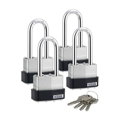 Weiser Laminated Steel Padlock, 4 Pack Keyed Alike, Hardened Steel Shackle, Outdoor Gate and Fence Lock, 1-3/4 in Body, 2 in Shackle