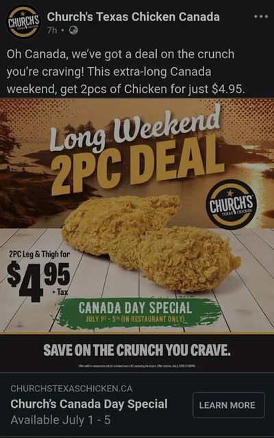 Church's Texas Chicken: Church's Chicken $4.95 2pc Leg&Thigh July 1-5