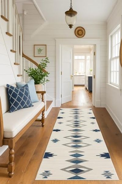 Rug Branch Mesa 2' x 20' (2'3" x 20') Blue/Beige Southwestern Indoor Runner Rug, Contemporary, Medium Pile, Stain-Resistant Hallway Carpet - Entryway, Mudroom, Bedroom, and Kitchen