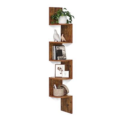 VASAGLE CUSTOS Collection - Corner Shelf Wall Mount, 5-Tier Floating Corner Bookshelf, Plant Shelf for Bedroom, Living Room, Bathroom, Home Office, Rustic Brown ULBC72BX