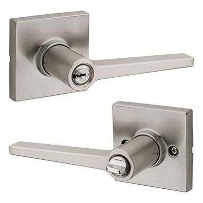 Weiser Daylon Satin Nickel Front Door Handle with Lock, Reversible Square Exterior/Interior Door Handles with Lock, Keyed Entry Door Lever for Front Door, Bedroom, Bathroom & Office, Modern Home Decor
