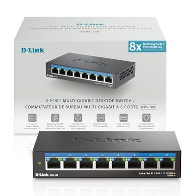 D-Link 8-Port 2.5GB Unmanaged Gaming Switch with 8 x 2.5G - Multi-Gig, Network, Fanless, Plug & Play (DMS-108) Black