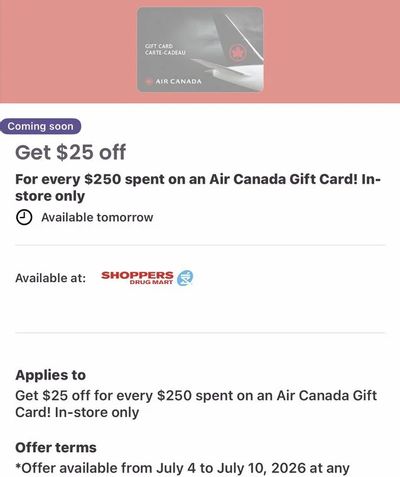 Shoppers Drug Mart: $25 Off on $250 Air Canada Gift Cards (July 4-10)
