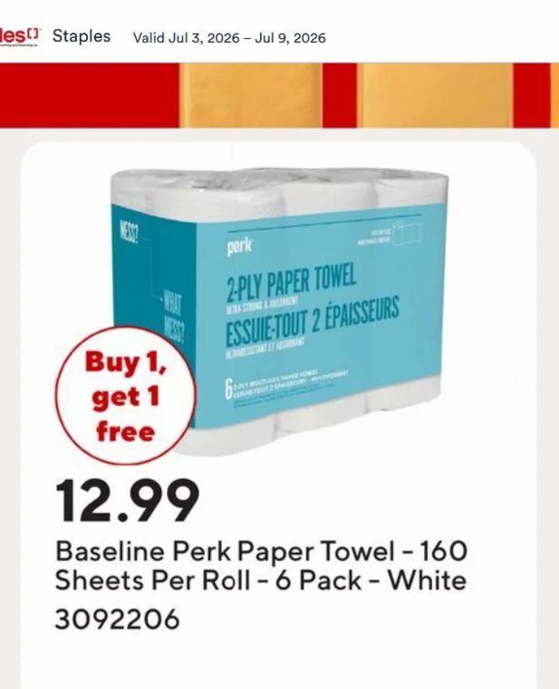 Staples: BOGO Free Perk Paper Towel - 160 Sheets Per Roll - 6 Pack - White $12.99