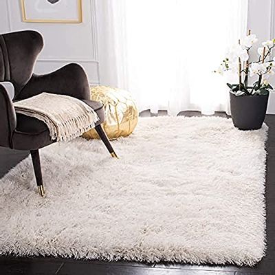 SAFAVIEH Venice Shag Collection Area Rug - 6' Square, Pearl, Handmade Glam, 3-inch Thick Ideal for High Traffic Areas in Living Room, Bedroom (SG256P)