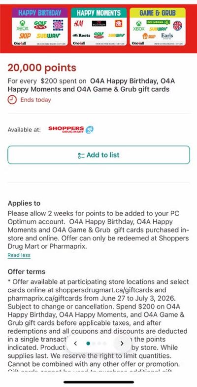 Shoppers Drug Mart: 20,000 points For every $200 spent on 04A Gift Cards