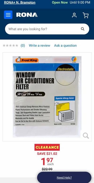Rona: $1.97 - 15-in x 24-in x 1/4-in Electrostatic Air Conditioner Filter (Only at Brampton North)