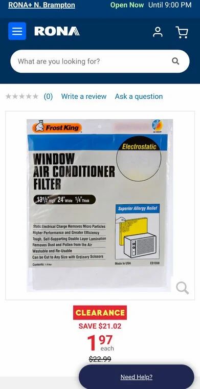 Rona: $1.97 - 15-in x 24-in x 1/4-in Electrostatic Air Conditioner Filter (Only at Brampton North)