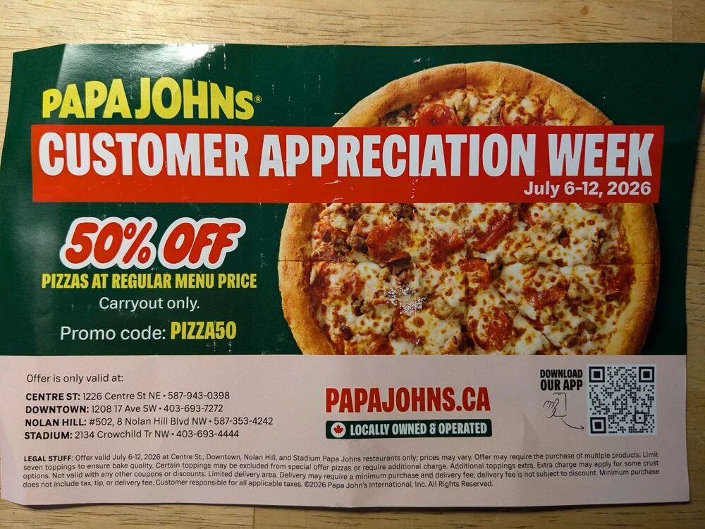 Papa John's Pizza: 50% off pizza July 6-12 Calgary