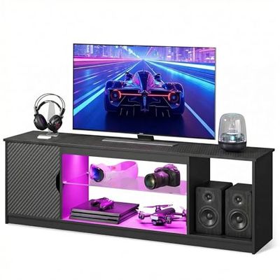 Bestier TV Stand for 65 Inch TV, Entertainment Center with Open Storage Shelves for PS5, Black TV Cabinet with Adjustable Glass Shelf for Living Room & Bedroom (Carbon Fiber)