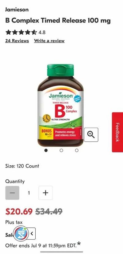 Shoppers Drug Mart: $20.69 - (40% off Jamieson Products Shoppers)Jamieson B Complex Timed Release 100 mg
