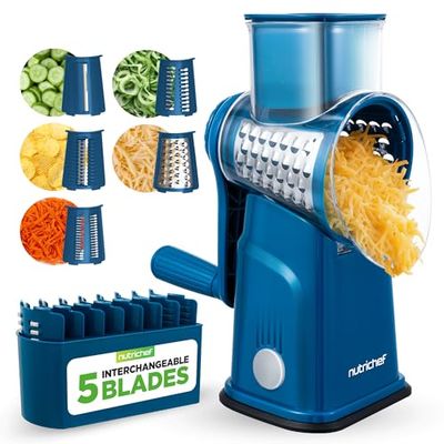 NutriChef 5 in 1 Cheese Grater & Shredder | 5 Different Blades for Thin, Thick, Julienne Strips, Wavy, & Straight Strips | Includes Hand Crank, Strong Suction Base & Storage Container | Blue