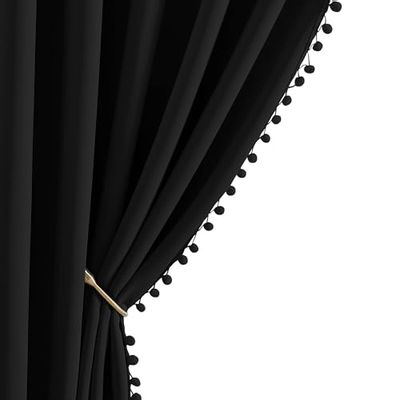 NICETOWN Black Blackout Pom-poms Curtain Drapes, Rod Pocket Thermal Insulated Bohemian Style Blackout Drapes for Bedroom Kitchen Nursery Room (2 Panels, 42 inches Wide by 63 inches Long)