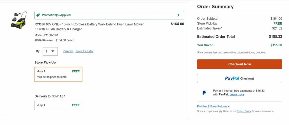Home Depot: RYOBI 18V ONE+ 13-inch Cordless Battery Walk Behind Push Lawn Mower 4.0Ah Battery/Charger $164 (reg. $328)