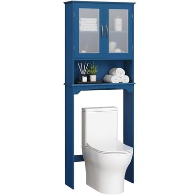 Yaheetech Over The Toilet Storage Cabinet, Free Standing Toilet Rack with Adjustable Shelves and Tempered Glass Doors for Bathroom Washroom, Navy Blue