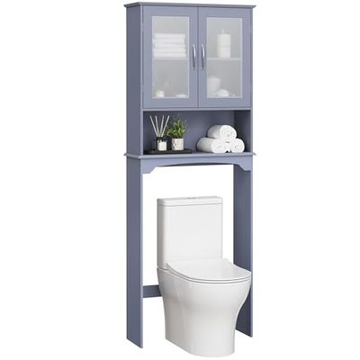 Yaheetech Over The Toilet Storage Cabinet, Free Standing Toilet Rack with Adjustable Shelves and Tempered Glass Doors for Bathroom Washroom, Grey