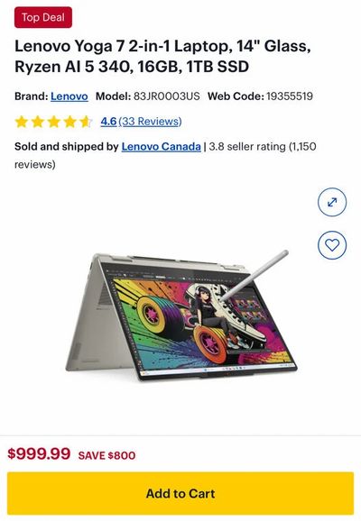 Best Buy: Lenovo Yoga 7 2-in-1 Laptop 14 inch AI 5 340 $999