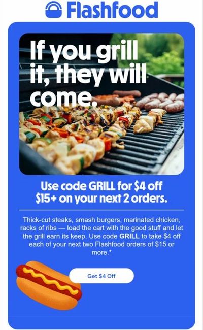 Flashfood: $4 off $15 APP spend promo code GRILL YMMV