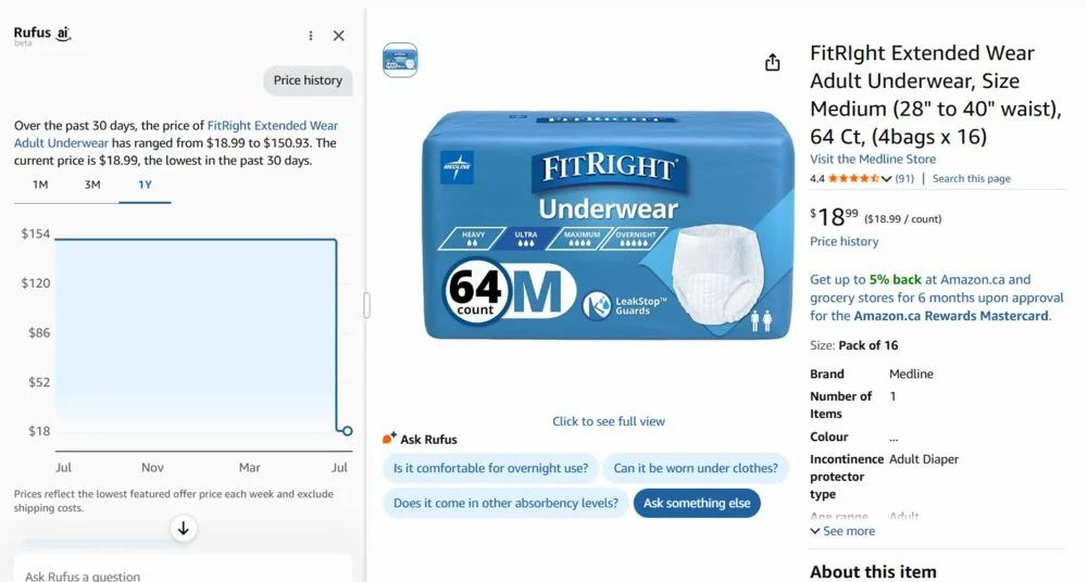 Amazon.ca: FitRIght Extended Wear Adult Underwear, Size Medium (28" to 40" waist), 64 Ct, (4bags x 16) $18.99 (reg. $150.93)