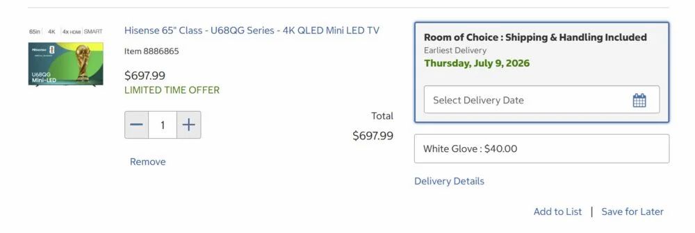 Costco: Hisense 65" U68QG Series - 4K QLED Mini LED TV 144Hz - $697.99