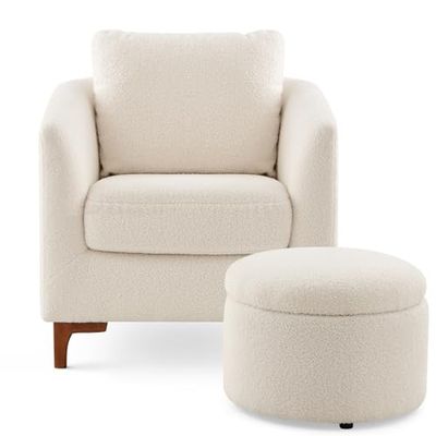 COLAMY Sherpa Accent Chair with Storage Ottoman Set, Upholstered Barrel Arm Chair with Footrest, Modern Living Room Chair with Back Throw Pillow and Wood Legs, Cream