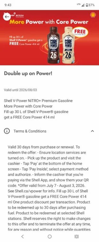 Shell: Free Core Power 414ml product with 30L Shell V-Power gas from July 7 - Aug 3 YMMV