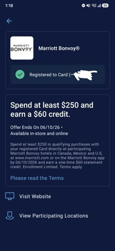 American Express Marriott Hotels $60 off $250 spend YMMV