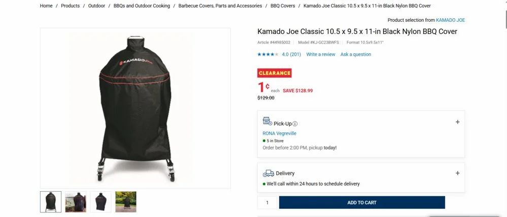 Rona: Kamado Joe Classic 10.5 x 9.5 x 11-in Black Nylon BBQ Cover $0.01 (reg. $129.00)