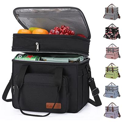 Maelstrom Lunch Bag Women,23L Insulated Lunch Box for Men Women,Expandable Double Deck Cooler Bag,Lightweight Leakproof Tote Bag with Side Tissue Pocket (Black)