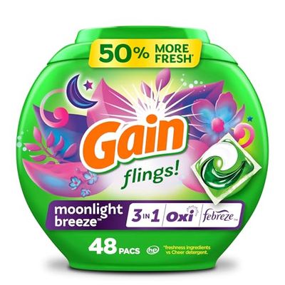 Gain Flings Laundry Detergent Pacs, Moonlight Breeze Scent, with Odor Defense, 48 Count