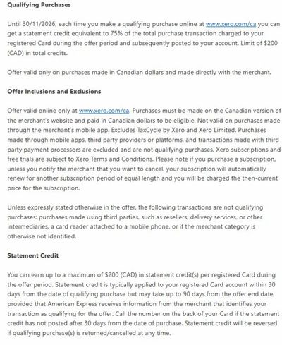 American Express: Get 75% of total Xero purchases up to $200 ; Xero is an accounting software