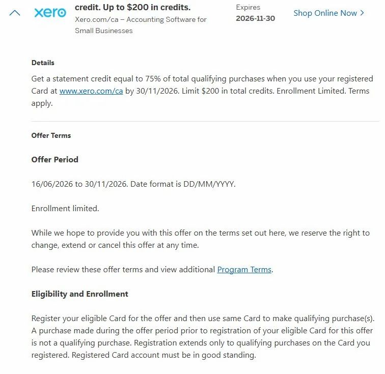 American Express: Get 75% of total Xero purchases up to $200 ; Xero is an accounting software
