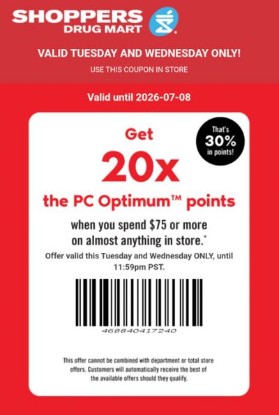 Shoppers Drug Mart Canada Text Offer: 20x The Points When You Spend $75