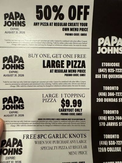 Papa John's Pizza: Papa John's 50% off pizzas thru 8/31 Toronto