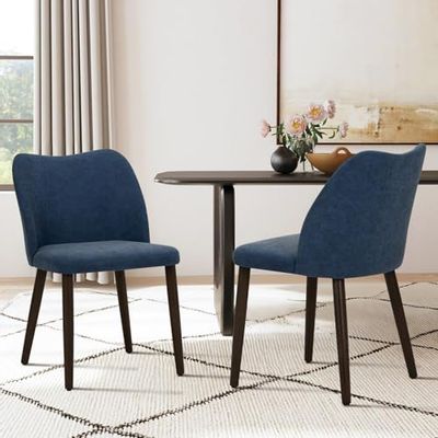 COLAMY Upholstered Dining Chairs Set of 2, Modern PU Leather Dining Room Kitchen Side Chair with Padded Seat and Wood Legs for Restaurant/Cafe, Blue, Leather