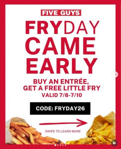 Five Guys Canada: Get A Free Little Fry With The Purchase of an Entree Until July 10th with Promo Code