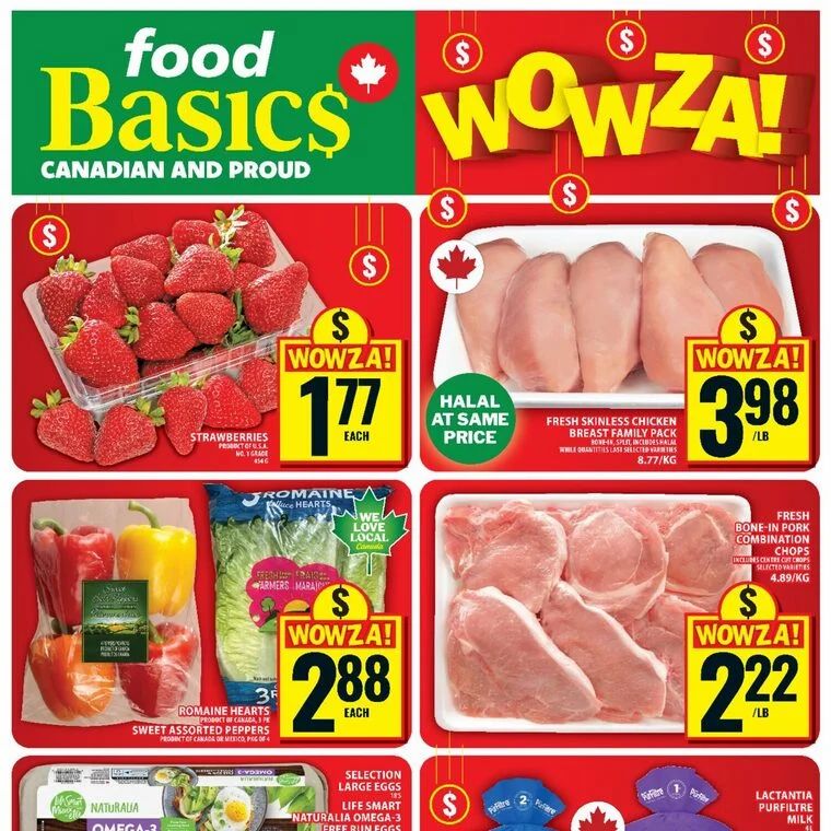 Food Basics ON: Strawberry 1lb $1.77, eggs 18 $4.88, Lactantia 4L $4.98