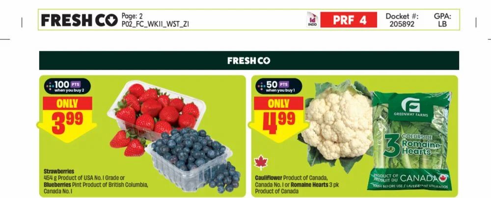 Food Basics ON: Strawberry 1lb $1.77, eggs 18 $4.88, Lactantia 4L $4.98