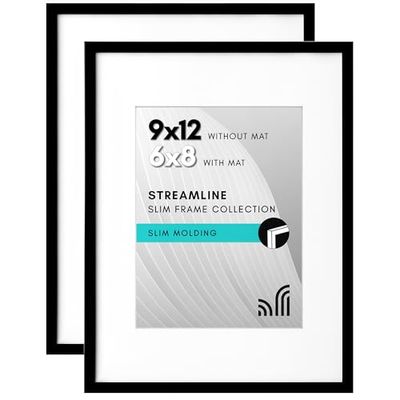 Americanflat 9x12 Picture Frame with Shatter-Resistant Glass - Set of 2 - Use as 6x8 Frame with Mat or Display 9x12 Photo Without Mat - Streamline Collection - Tabletop or Wall Display - Black